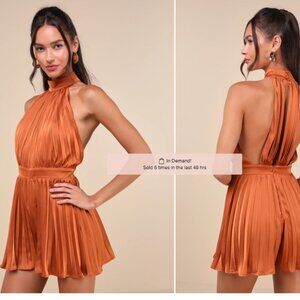 Lulus Seriously Stunning Rust Orange Satin Pleated Backless Romper NWT Size XL